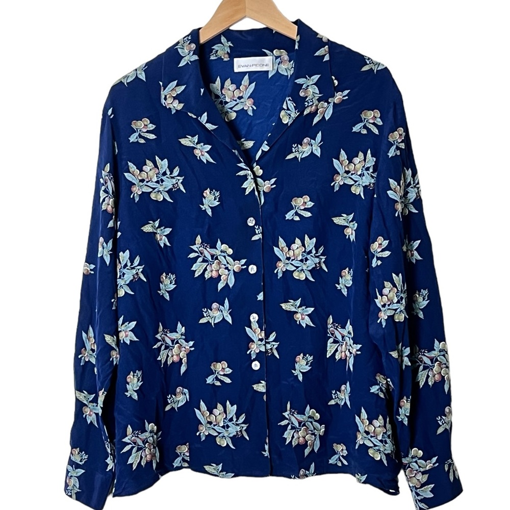 Evan Picone | Light airy blue floral button down blouse shirt top size l…